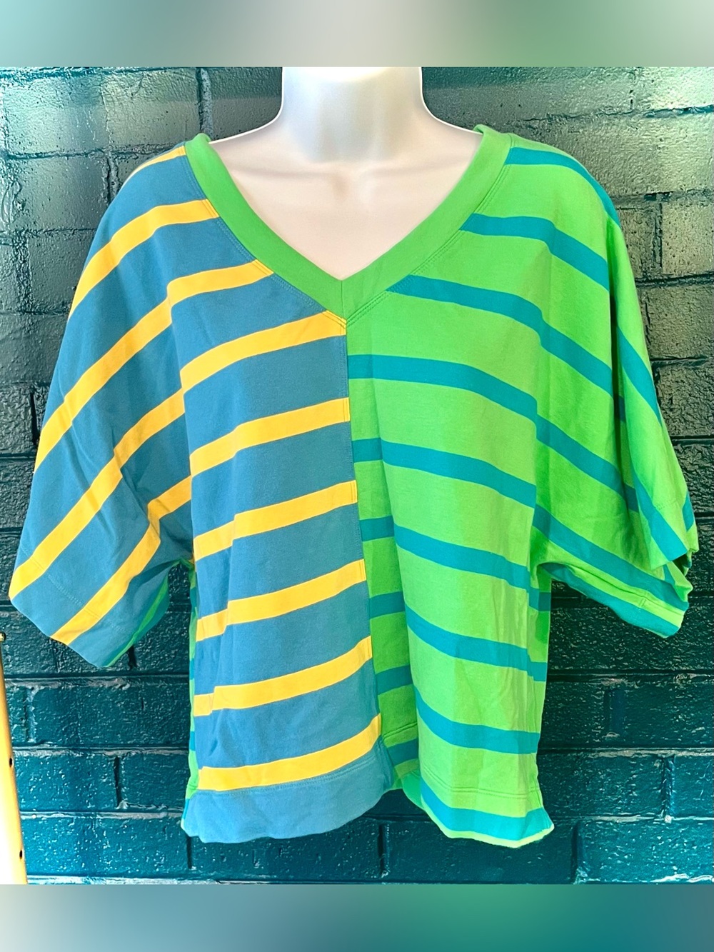 Short-Sleeve V-Neck Striped Tee in Green, Teal & Yellow (Top Half)